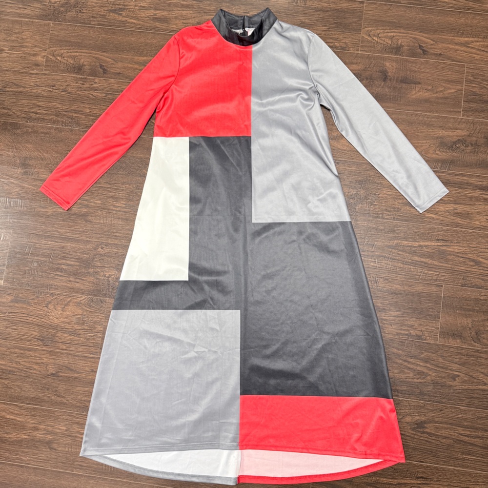 NWOT SHEIN BLACK RED GRAY BLACK HIGH NECK DRESS WITH POCKETS
